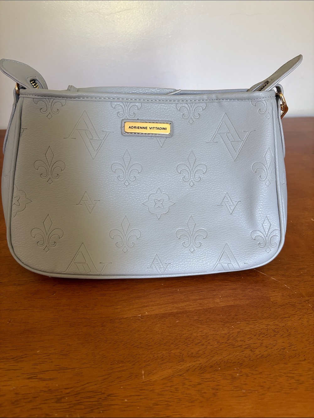 Adrienne Vittadini Embossed Light Gray Shoulder Bag with Gold Plaque